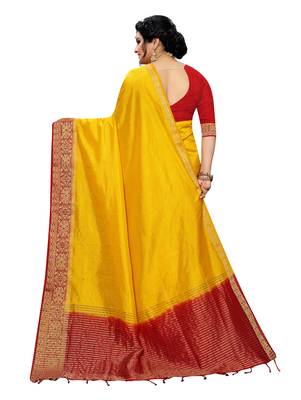 Yellow woven banarasi silk saree with blouse 3