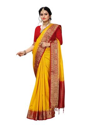 Yellow woven banarasi silk saree with blouse 4