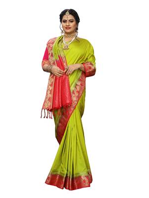 Light green woven banarasi silk saree with blouse 4