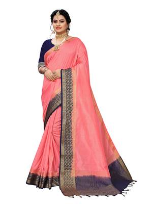 Peach woven banarasi silk saree with blouse 1