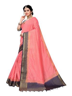 Peach woven banarasi silk saree with blouse 2