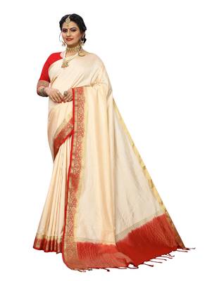 Off white woven banarasi silk saree with blouse 1