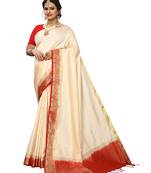 Off white woven banarasi silk saree with blouse
