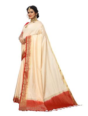 Off white woven banarasi silk saree with blouse 2