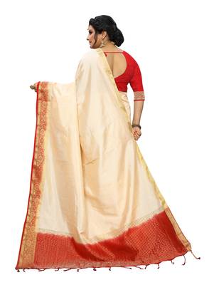 Off white woven banarasi silk saree with blouse 3