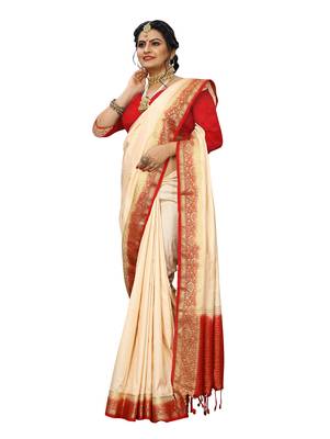 Off white woven banarasi silk saree with blouse 4
