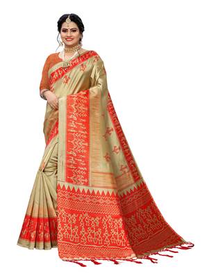 Beige printed art silk saree with blouse 1