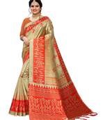 Beige printed art silk saree with blouse