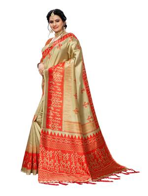 Beige printed art silk saree with blouse 2