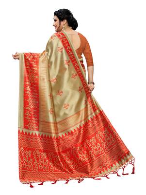 Beige printed art silk saree with blouse 3