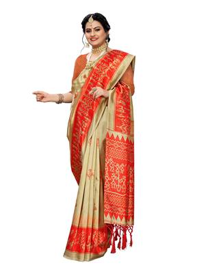 Beige printed art silk saree with blouse 4