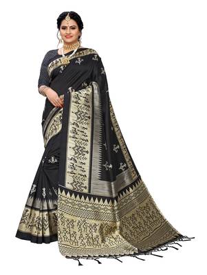 Black printed art silk saree with blouse 1