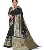 Black printed art silk saree with blouse