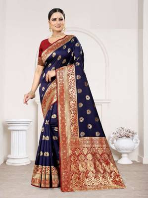 Navy Blue woven Banarasi silk saree with Blouse 1