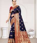 Navy Blue woven Banarasi silk saree with Blouse