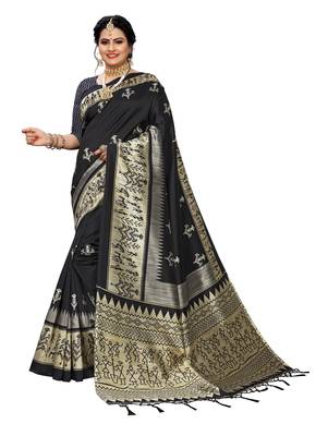 Black printed art silk saree with blouse 2
