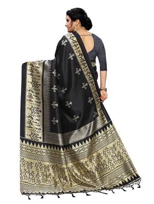 Black printed art silk saree with blouse 3