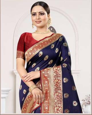 Navy Blue woven Banarasi silk saree with Blouse 2