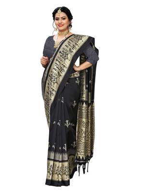Black printed art silk saree with blouse 4