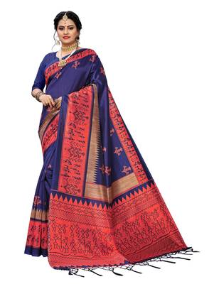 Dark blue printed art silk saree with blouse 1