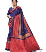 Dark blue printed art silk saree with blouse
