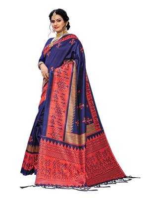 Dark blue printed art silk saree with blouse 2
