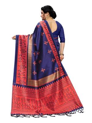 Dark blue printed art silk saree with blouse 3