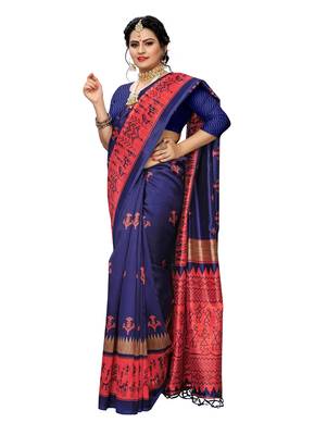 Dark blue printed art silk saree with blouse 4