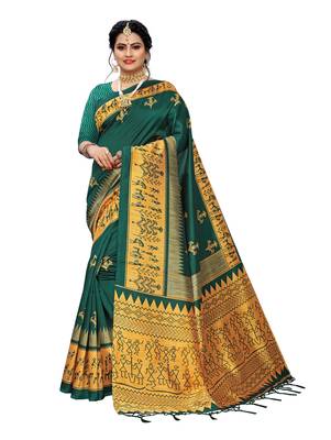 Green printed art silk saree with blouse 1