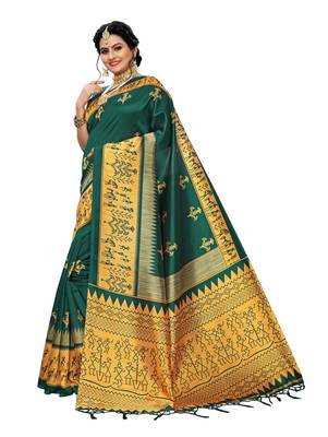 Green printed art silk saree with blouse 2