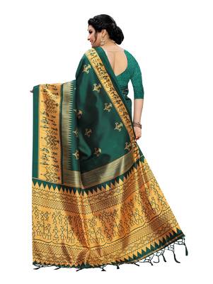Green printed art silk saree with blouse 3