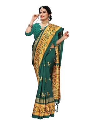 Green printed art silk saree with blouse 4