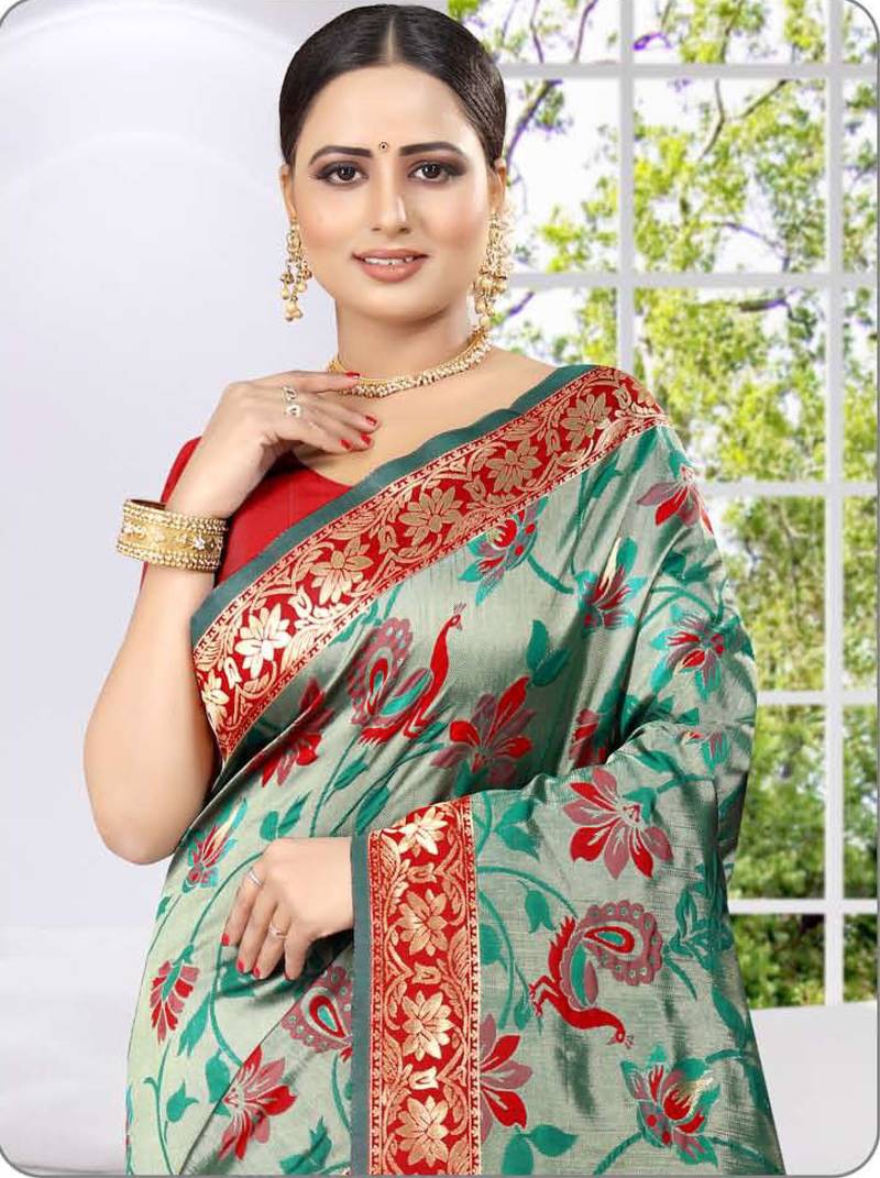 Rama woven Banarasi silk saree with Blouse