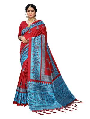 Red printed art silk saree with blouse 1