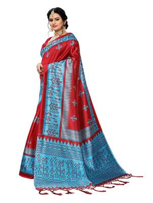 Red printed art silk saree with blouse 2