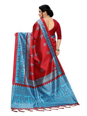 Red printed art silk saree with blouse 3