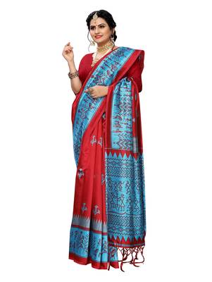 Red printed art silk saree with blouse 4