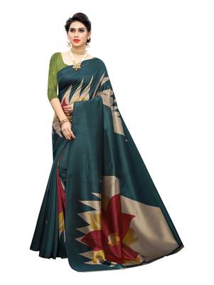 Blue printed art silk saree with blouse 1