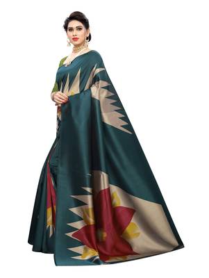 Blue printed art silk saree with blouse 2