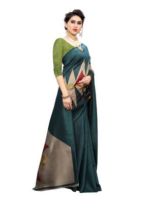 Blue printed art silk saree with blouse 3
