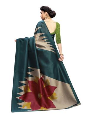 Blue printed art silk saree with blouse 4