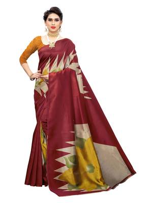 Red printed art silk saree with blouse 1