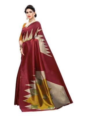 Red printed art silk saree with blouse 2