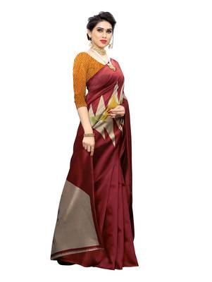 Red printed art silk saree with blouse 3