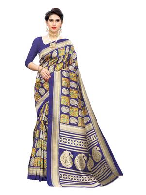 Blue printed art silk saree with blouse 1