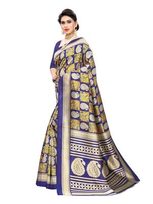 Blue printed art silk saree with blouse 2