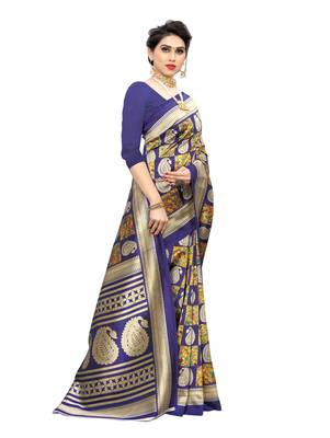 Blue printed art silk saree with blouse 3