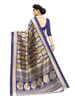 Blue printed art silk saree with blouse 4
