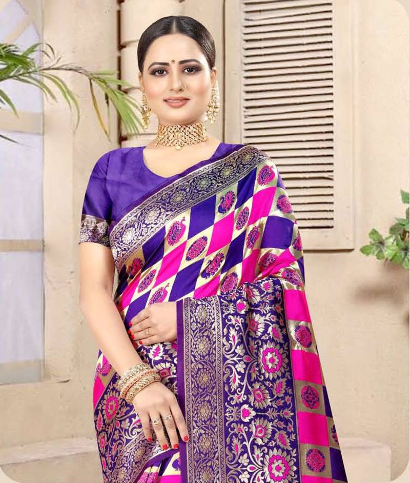 Purple woven Banarasi silk saree with Blouse