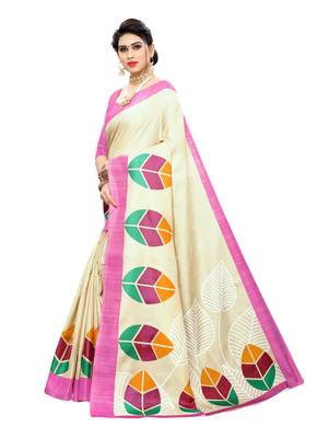 Pink printed khadi saree with blouse 2